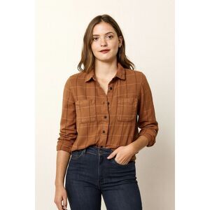 PACT Brown Check Organic Cotton Button Up Flannel Shirt Top  Women's Size XS